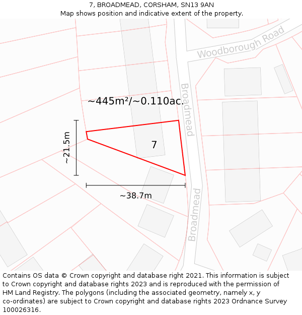 7, BROADMEAD, CORSHAM, SN13 9AN: Plot and title map