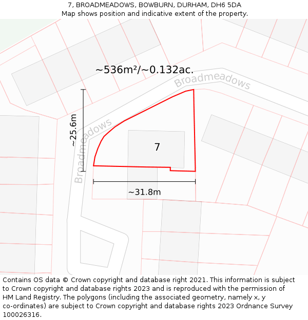 7, BROADMEADOWS, BOWBURN, DURHAM, DH6 5DA: Plot and title map