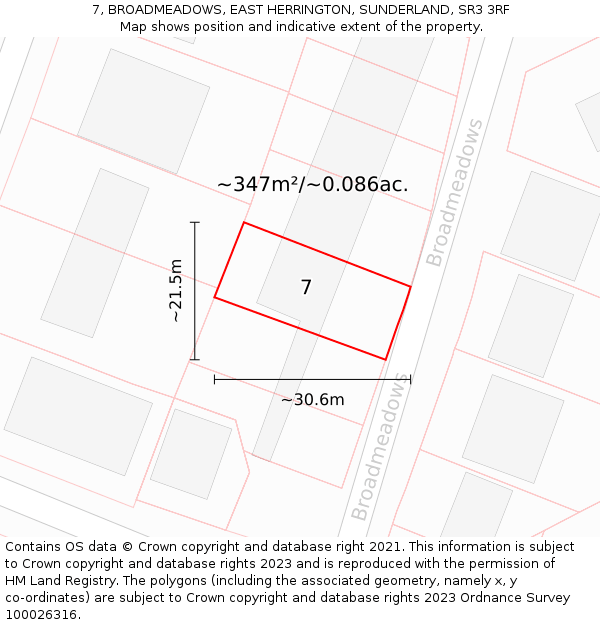 7, BROADMEADOWS, EAST HERRINGTON, SUNDERLAND, SR3 3RF: Plot and title map
