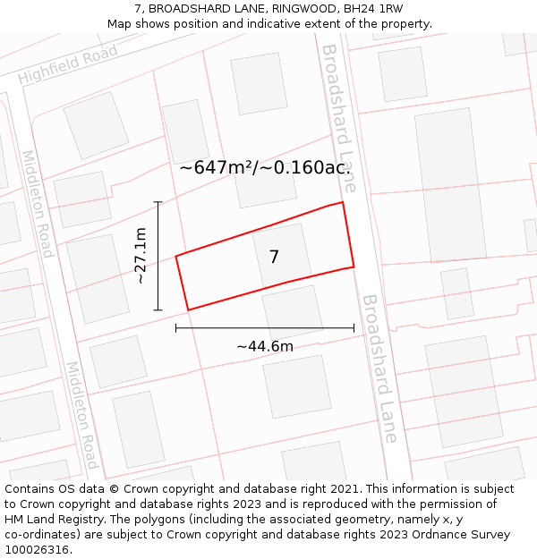 7, BROADSHARD LANE, RINGWOOD, BH24 1RW: Plot and title map