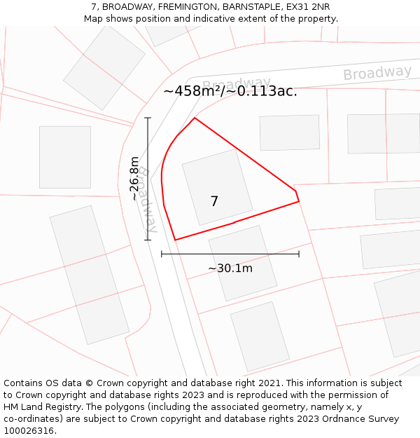 7, BROADWAY, FREMINGTON, BARNSTAPLE, EX31 2NR: Plot and title map