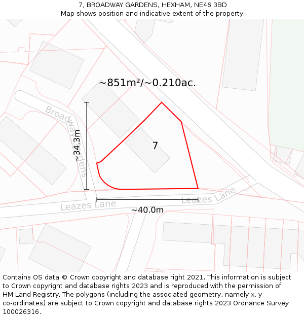 7, BROADWAY GARDENS, HEXHAM, NE46 3BD: Plot and title map