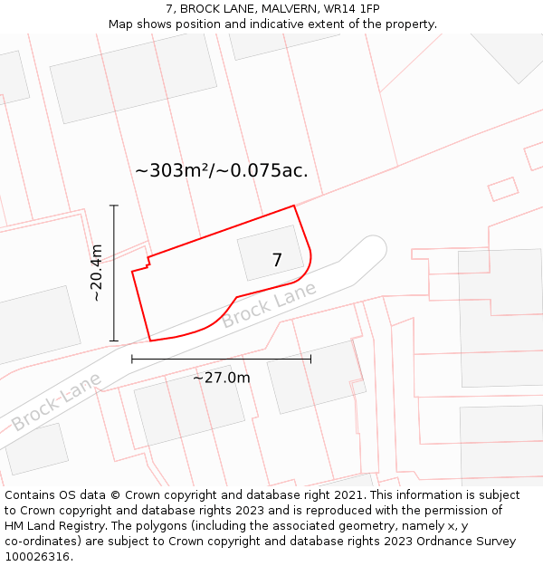7, BROCK LANE, MALVERN, WR14 1FP: Plot and title map