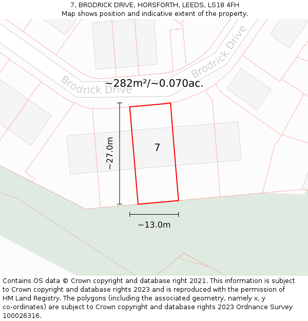 7, BRODRICK DRIVE, HORSFORTH, LEEDS, LS18 4FH: Plot and title map