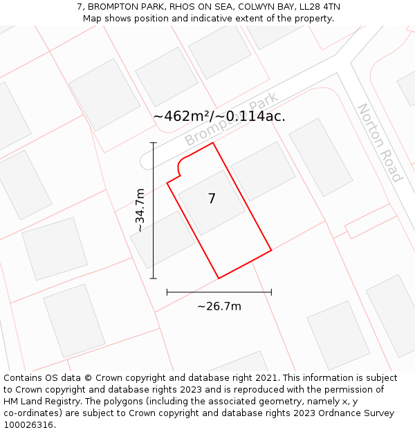 7, BROMPTON PARK, RHOS ON SEA, COLWYN BAY, LL28 4TN: Plot and title map