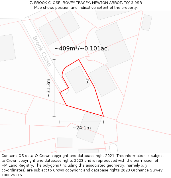 7, BROOK CLOSE, BOVEY TRACEY, NEWTON ABBOT, TQ13 9SB: Plot and title map