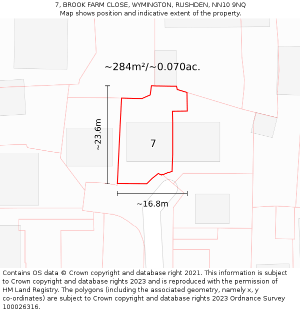 7, BROOK FARM CLOSE, WYMINGTON, RUSHDEN, NN10 9NQ: Plot and title map