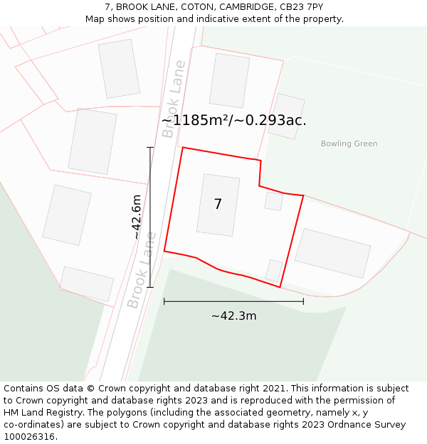 7, BROOK LANE, COTON, CAMBRIDGE, CB23 7PY: Plot and title map