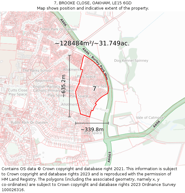 7, BROOKE CLOSE, OAKHAM, LE15 6GD: Plot and title map
