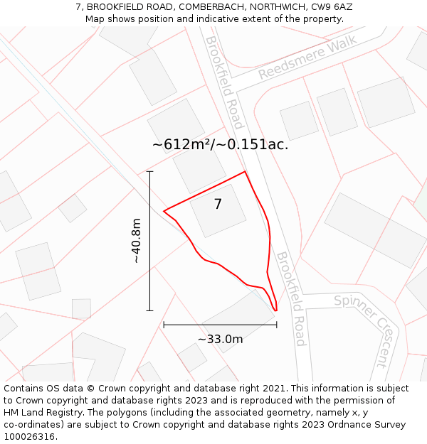7, BROOKFIELD ROAD, COMBERBACH, NORTHWICH, CW9 6AZ: Plot and title map