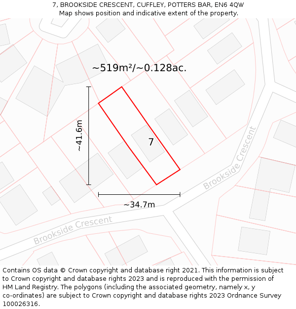 7, BROOKSIDE CRESCENT, CUFFLEY, POTTERS BAR, EN6 4QW: Plot and title map