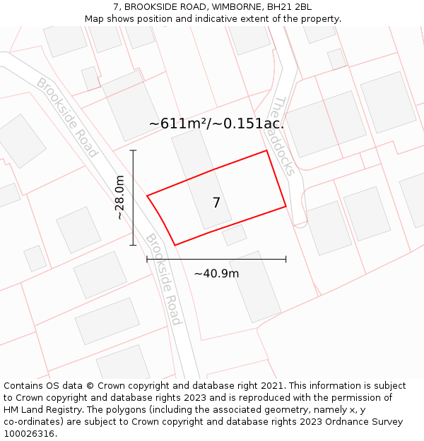 7, BROOKSIDE ROAD, WIMBORNE, BH21 2BL: Plot and title map