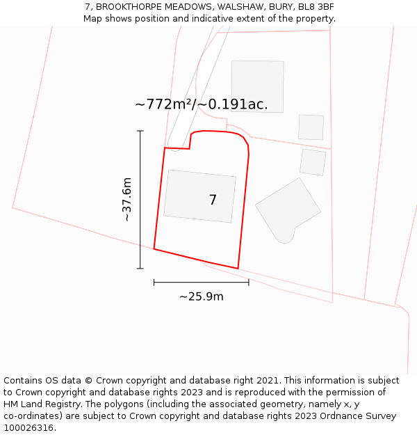 7, BROOKTHORPE MEADOWS, WALSHAW, BURY, BL8 3BF: Plot and title map