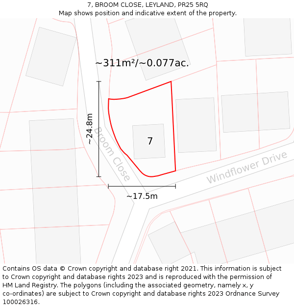 7, BROOM CLOSE, LEYLAND, PR25 5RQ: Plot and title map