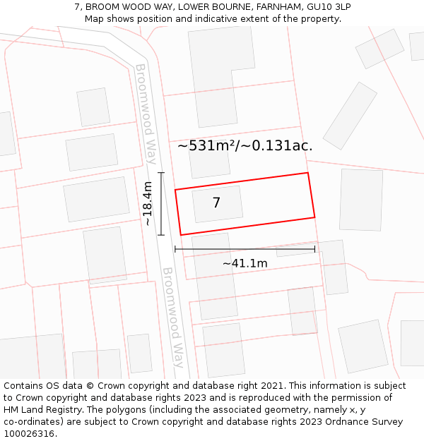 7, BROOM WOOD WAY, LOWER BOURNE, FARNHAM, GU10 3LP: Plot and title map