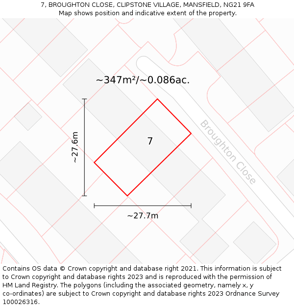 7, BROUGHTON CLOSE, CLIPSTONE VILLAGE, MANSFIELD, NG21 9FA: Plot and title map