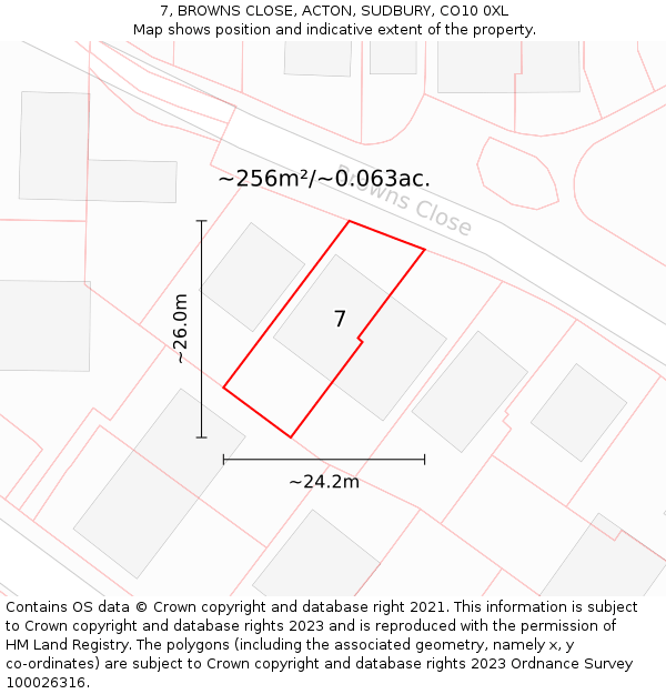 7, BROWNS CLOSE, ACTON, SUDBURY, CO10 0XL: Plot and title map