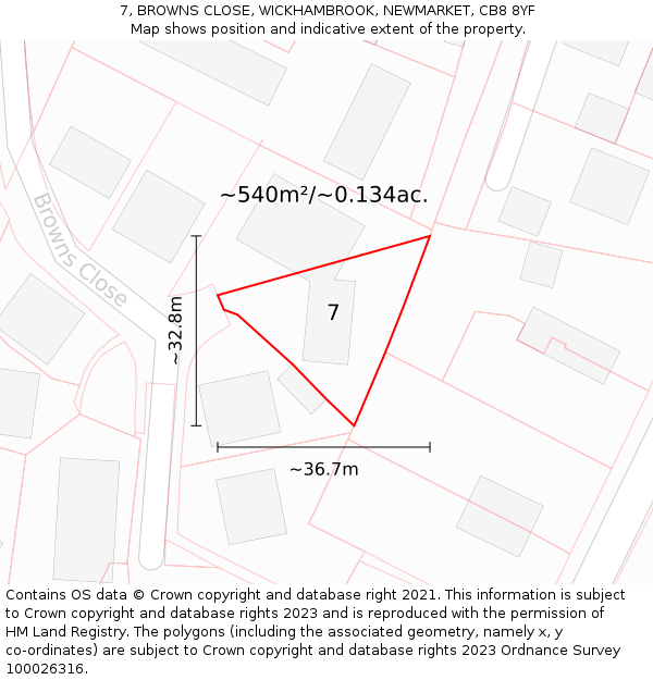 7, BROWNS CLOSE, WICKHAMBROOK, NEWMARKET, CB8 8YF: Plot and title map
