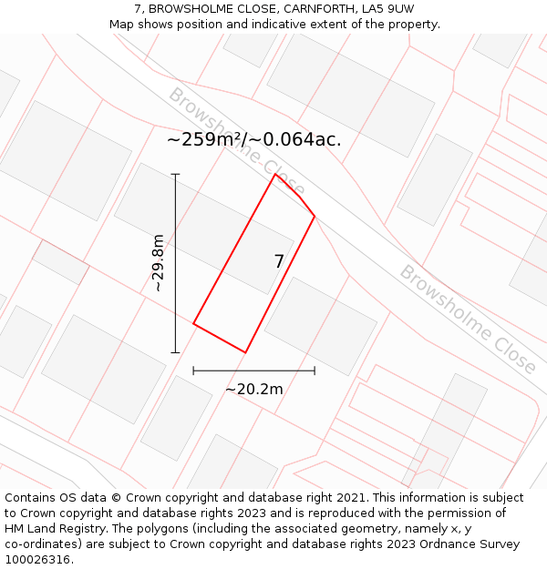 7, BROWSHOLME CLOSE, CARNFORTH, LA5 9UW: Plot and title map