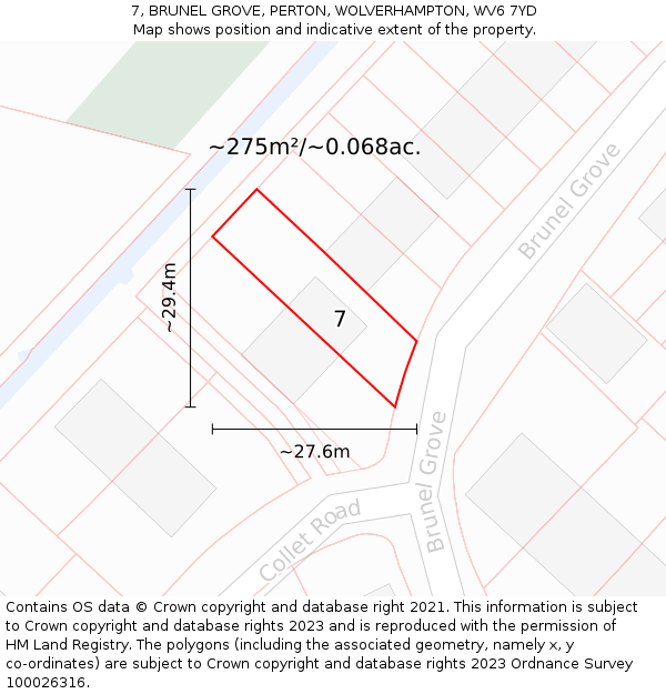 7, BRUNEL GROVE, PERTON, WOLVERHAMPTON, WV6 7YD: Plot and title map