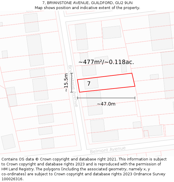 7, BRYANSTONE AVENUE, GUILDFORD, GU2 9UN: Plot and title map