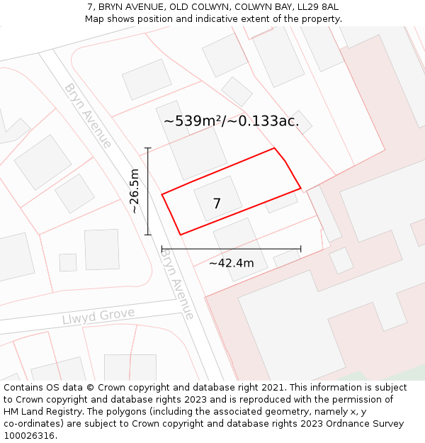 7, BRYN AVENUE, OLD COLWYN, COLWYN BAY, LL29 8AL: Plot and title map