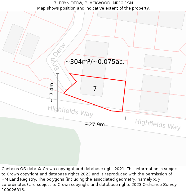 7, BRYN DERW, BLACKWOOD, NP12 1SN: Plot and title map