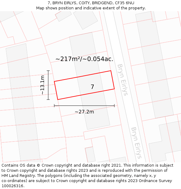 7, BRYN EIRLYS, COITY, BRIDGEND, CF35 6NU: Plot and title map
