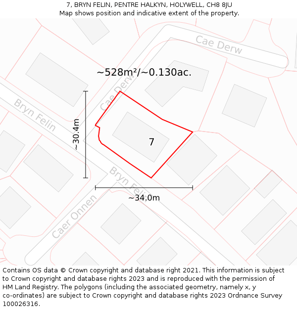 7, BRYN FELIN, PENTRE HALKYN, HOLYWELL, CH8 8JU: Plot and title map