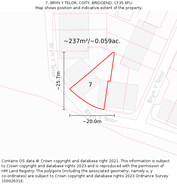 7, BRYN Y TELOR, COITY, BRIDGEND, CF35 6FU: Plot and title map