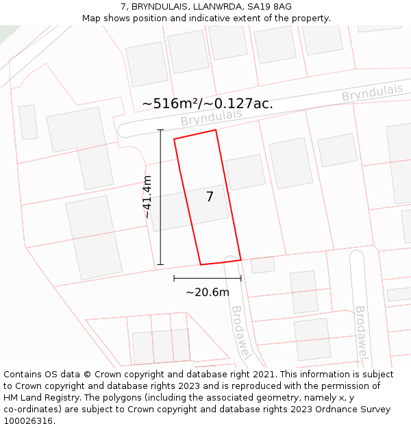 7, BRYNDULAIS, LLANWRDA, SA19 8AG: Plot and title map