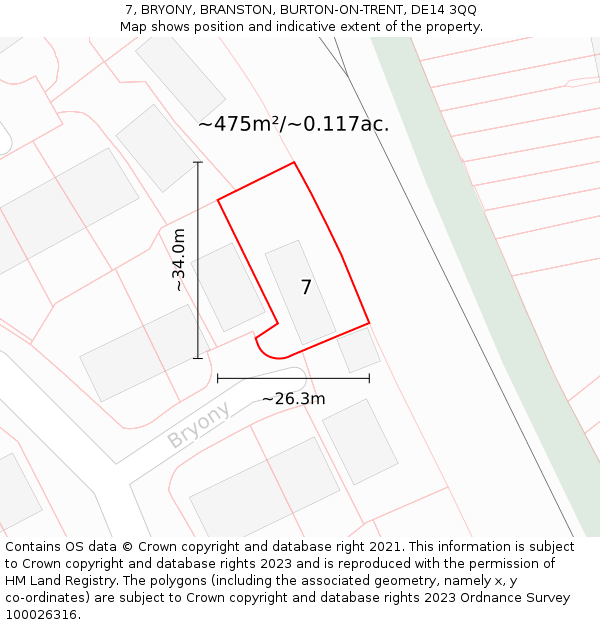 7, BRYONY, BRANSTON, BURTON-ON-TRENT, DE14 3QQ: Plot and title map