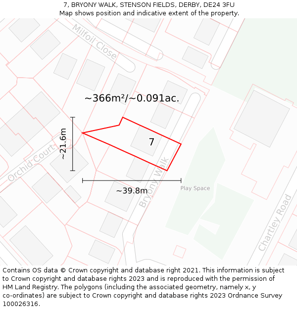7, BRYONY WALK, STENSON FIELDS, DERBY, DE24 3FU: Plot and title map