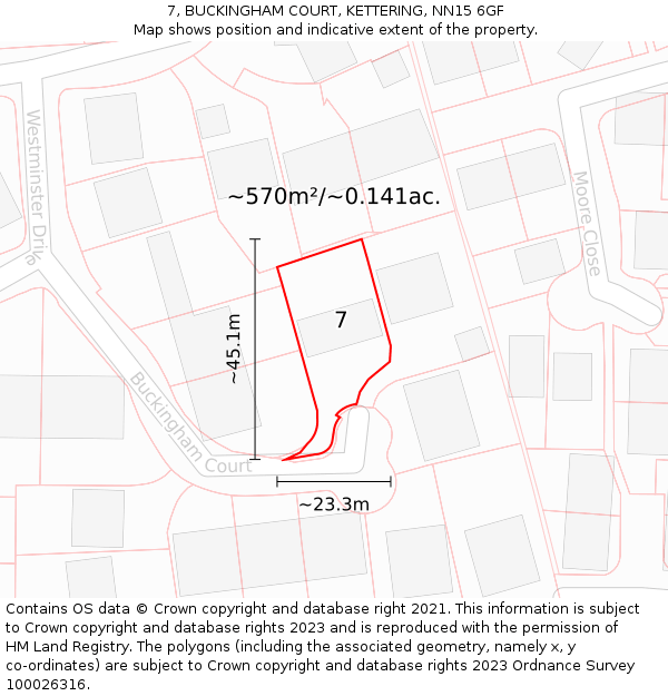 7, BUCKINGHAM COURT, KETTERING, NN15 6GF: Plot and title map
