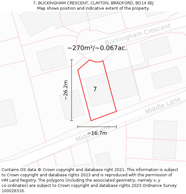 7, BUCKINGHAM CRESCENT, CLAYTON, BRADFORD, BD14 6EJ: Plot and title map