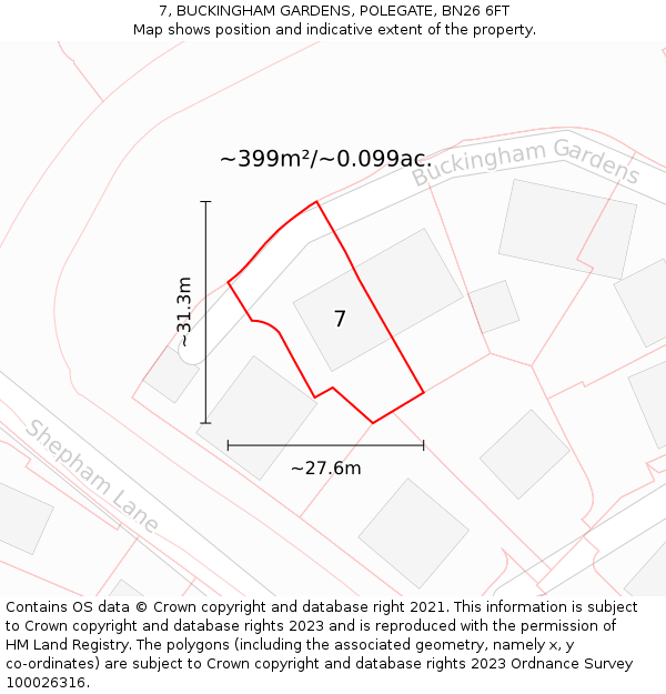 7, BUCKINGHAM GARDENS, POLEGATE, BN26 6FT: Plot and title map