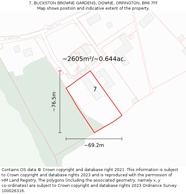 7, BUCKSTON BROWNE GARDENS, DOWNE, ORPINGTON, BR6 7FF: Plot and title map