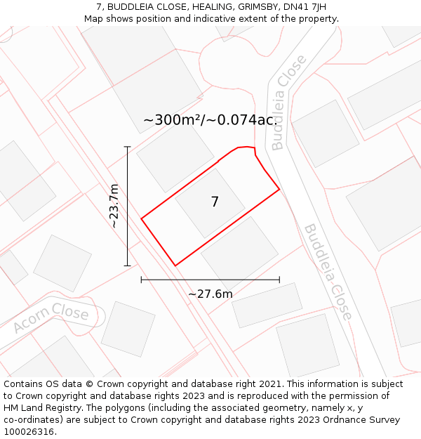 7, BUDDLEIA CLOSE, HEALING, GRIMSBY, DN41 7JH: Plot and title map