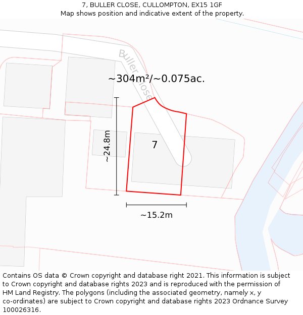 7, BULLER CLOSE, CULLOMPTON, EX15 1GF: Plot and title map
