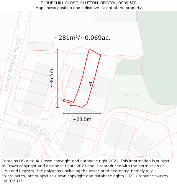 7, BURCHILL CLOSE, CLUTTON, BRISTOL, BS39 5PR: Plot and title map