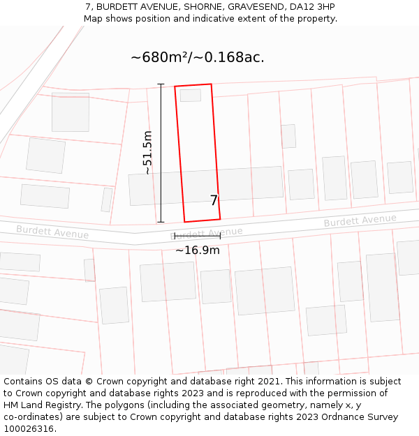 7, BURDETT AVENUE, SHORNE, GRAVESEND, DA12 3HP: Plot and title map