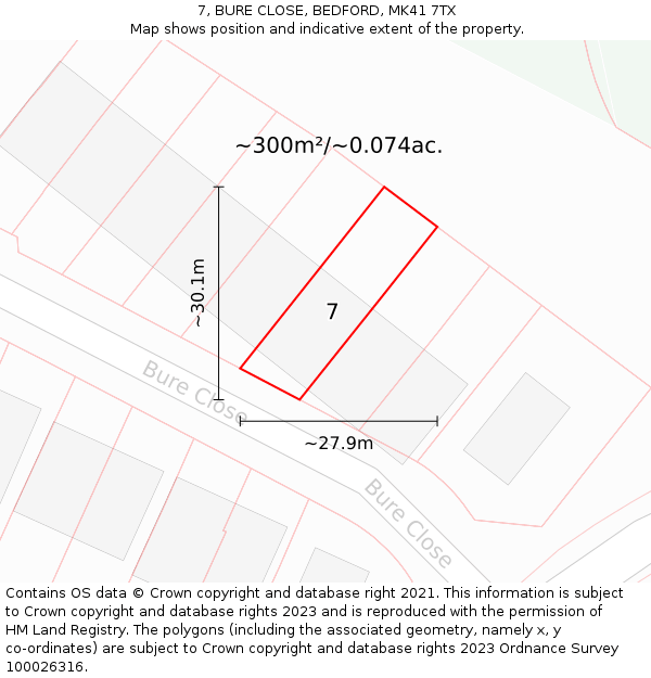 7, BURE CLOSE, BEDFORD, MK41 7TX: Plot and title map