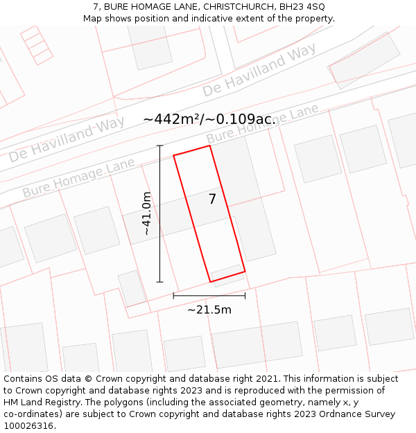7, BURE HOMAGE LANE, CHRISTCHURCH, BH23 4SQ: Plot and title map