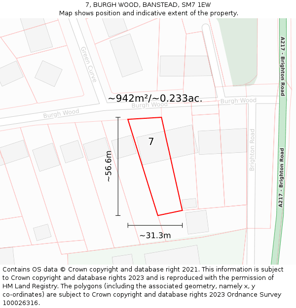 7, BURGH WOOD, BANSTEAD, SM7 1EW: Plot and title map