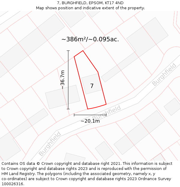 7, BURGHFIELD, EPSOM, KT17 4ND: Plot and title map