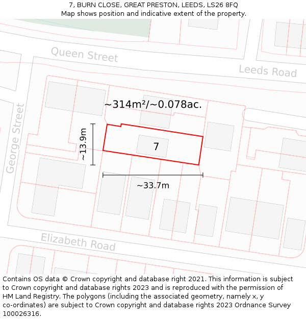 7, BURN CLOSE, GREAT PRESTON, LEEDS, LS26 8FQ: Plot and title map