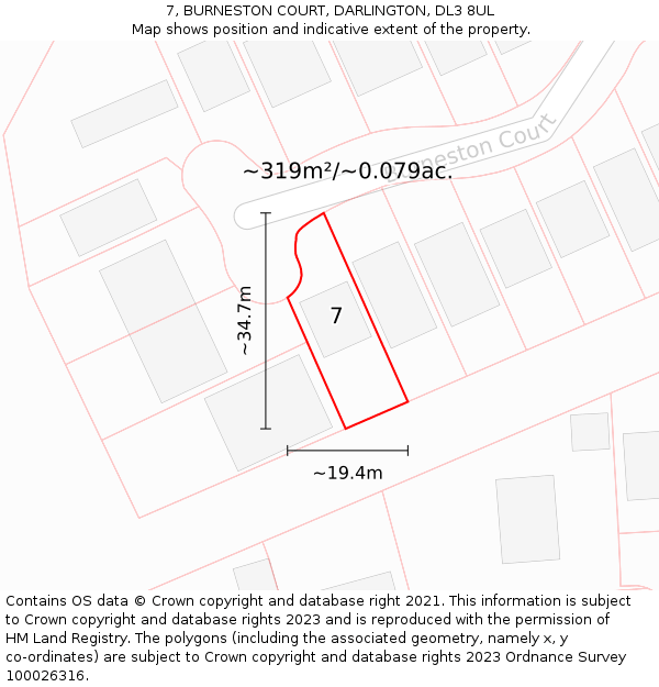 7, BURNESTON COURT, DARLINGTON, DL3 8UL: Plot and title map