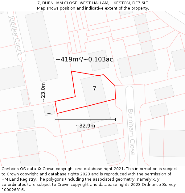 7, BURNHAM CLOSE, WEST HALLAM, ILKESTON, DE7 6LT: Plot and title map