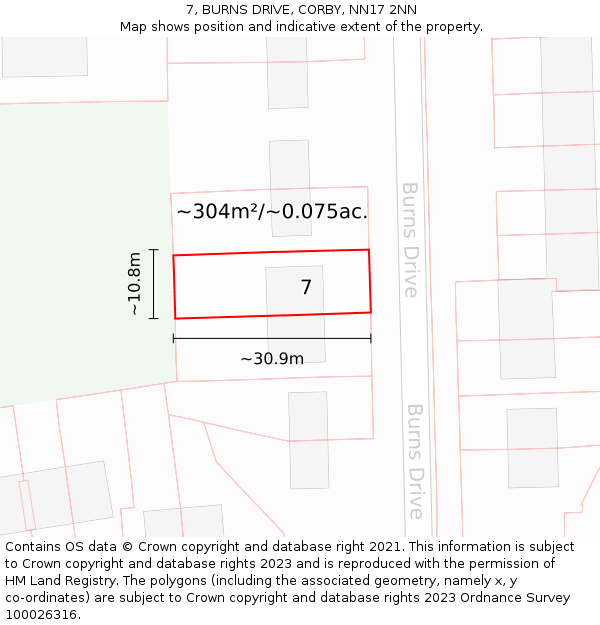 7, BURNS DRIVE, CORBY, NN17 2NN: Plot and title map