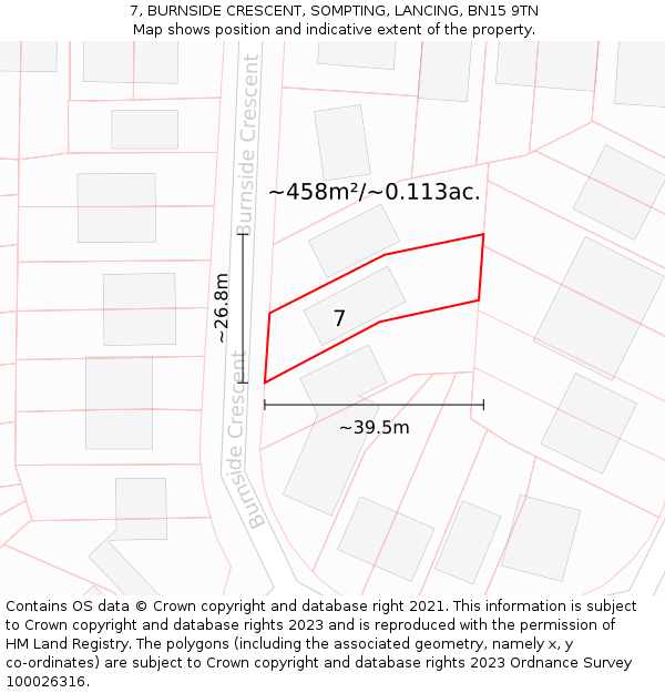 7, BURNSIDE CRESCENT, SOMPTING, LANCING, BN15 9TN: Plot and title map